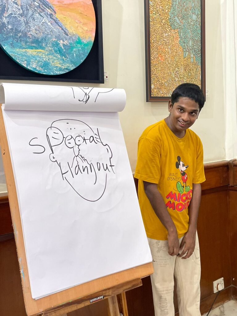 A Neurodivergent Kid Posing for His Creative Art at the Special Hangout