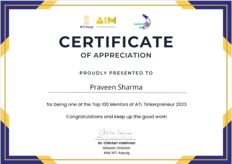 Praveen Sharma Recognized as Distinguished Mentor in ATL Tinkerpreneur 2023