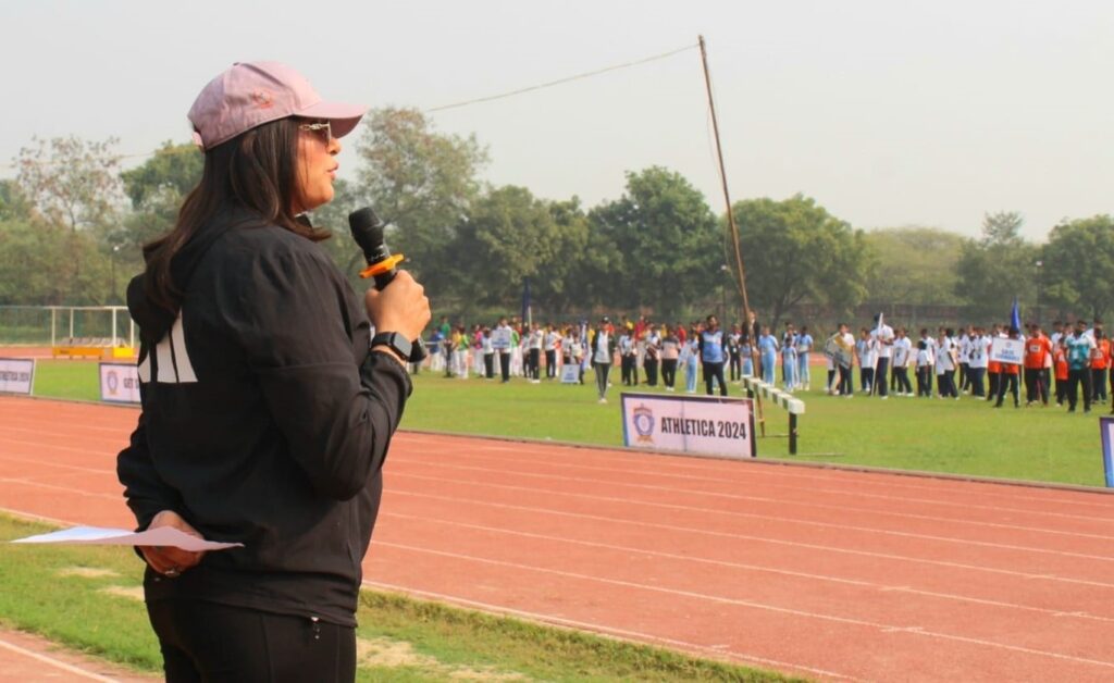 Anju Bobby George Addressing the Young Athletes at Athletica 2024, Inter-Jaipuria Sports Meet